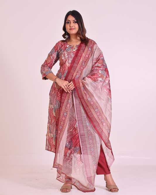 Pure Muslin Silk Onion Pink Digital Print Kurta Pant Set with Sequence Work