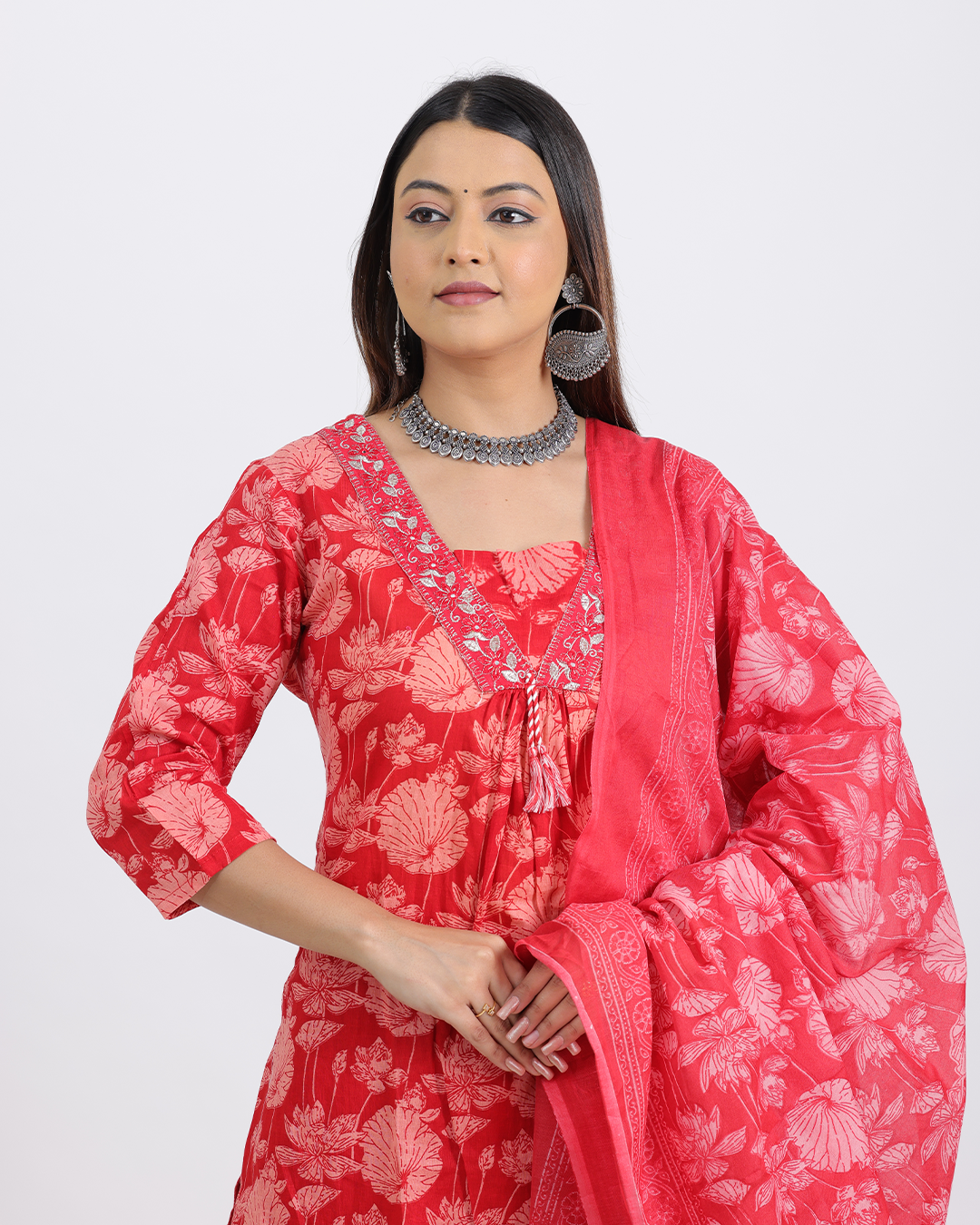 Pure Cotton Red Digital Print Suit with V-Laced Neck and Dupatta