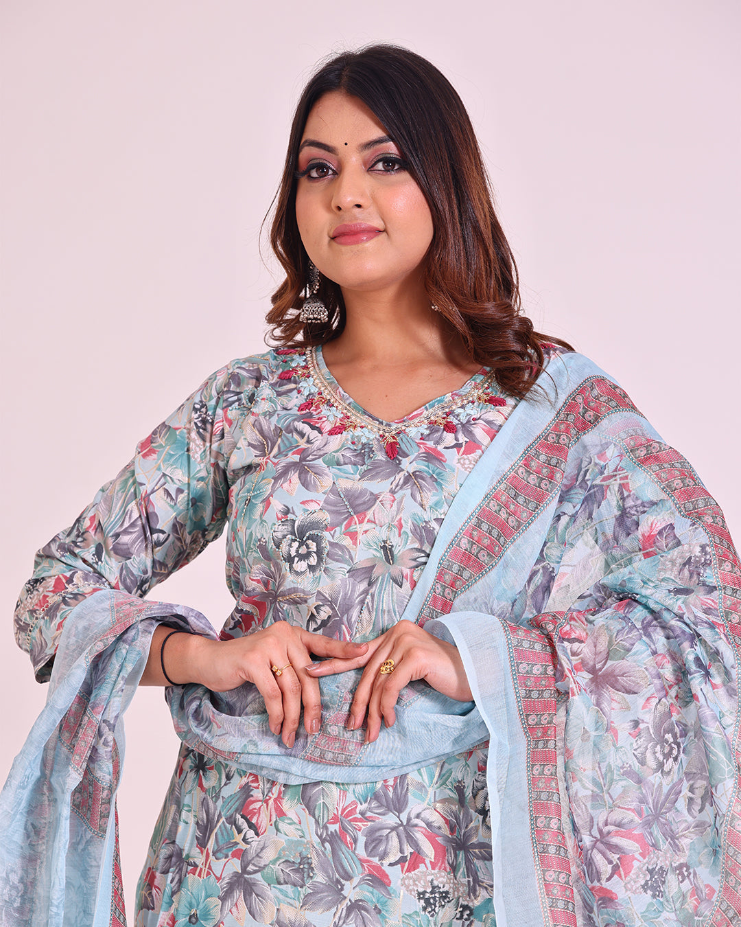Pure Muslin Silk Suit with Digital Print Dupatta, Sequence, and Zardozi Work in Turquoise Blue