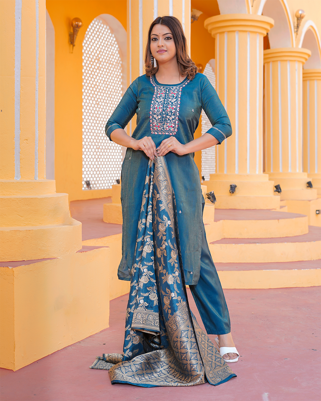 Pure Silk Peacock Blue Suit with Heavy Gotta Patti Work and Banarasi Dupatta