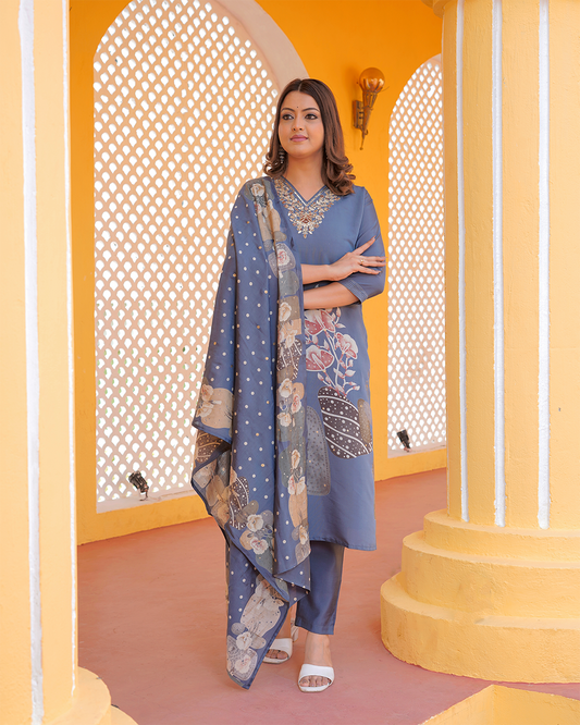 Pure Silk Baby Blue Suit with Silk Digital Print Dupatta and Heavy Work