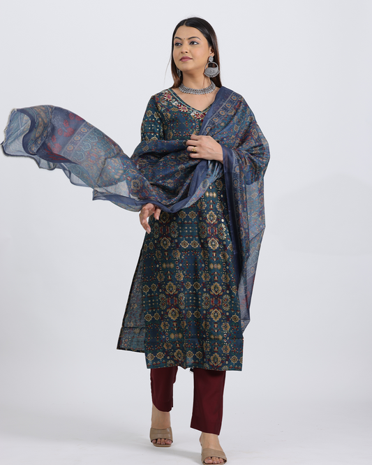 Pure Muslin Silk Dark Green and Maroon Suit with Digital Print Dupatta and Heavy Sequence Work