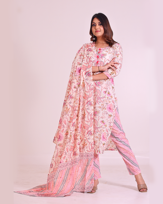 Pure Cotton Off-White and Baby Pink Digital Print Dupatta Set