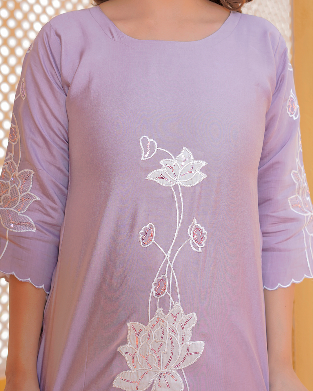 Pure Silk Lavender Suit with Organza Cutwork Dupatta and Heavy Work