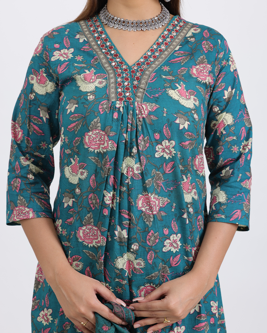 Pure Cotton Firoza Color Digital Print Dupatta Set with Laced Neck