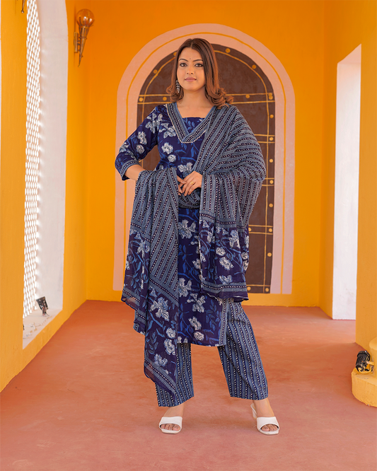 Pure Cotton Royal Blue Batik Print Dupatta Set