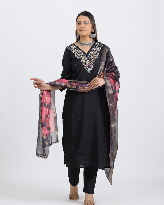 Pure Silk Black Kurta with Zardozi Work and Digital Print Organza Dupatta