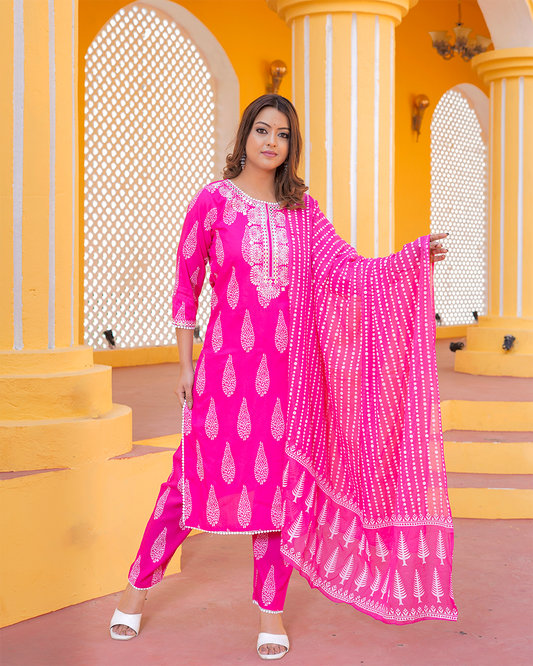 Pure Cotton Pink Suit in Bangru Print with Thread and Mirror Work