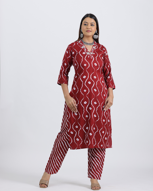 Pure Cotton Maroon Kurta Pant Set with Sequence Work and V-Neckline