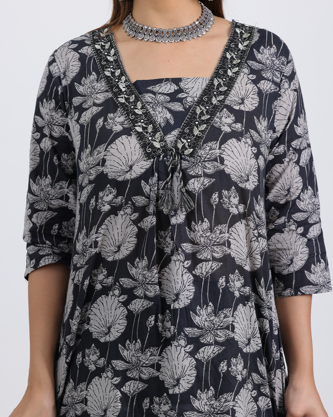 Pure Cotton Black Suit with Digital Print Dupatta and V-Laced Neckline