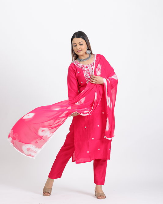 Pure Vatican Silk Pink Suit with Chiffon Bandhani Dupatta and Hand Embroidered Work
