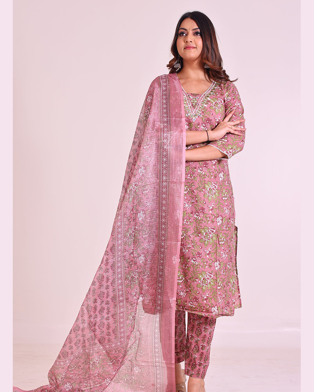Pure Cotton Onion Pink Digital Print Dupatta Set