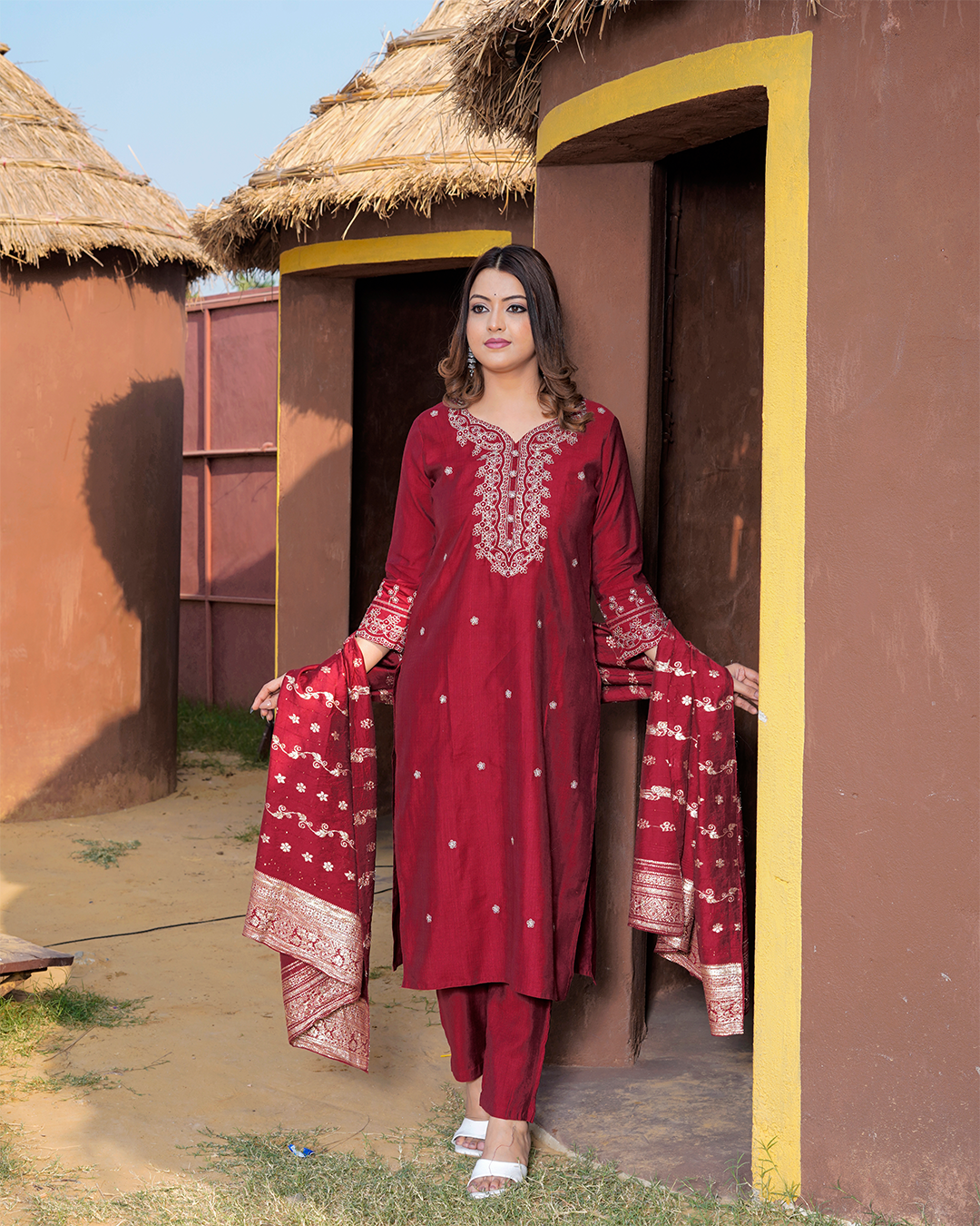Pure Silk Maroon Suit with Chanderi Dupatta and Heavy Thread Work