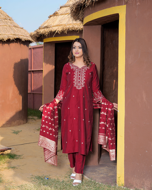 Pure Silk Maroon Suit with Chanderi Dupatta and Heavy Thread Work