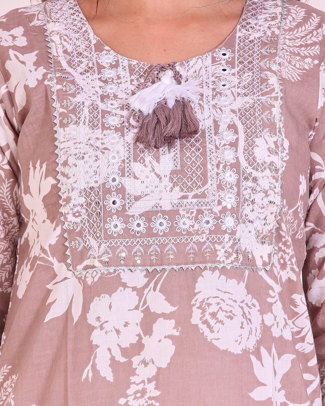 Elegant cotton mulmul suit in brown and off white