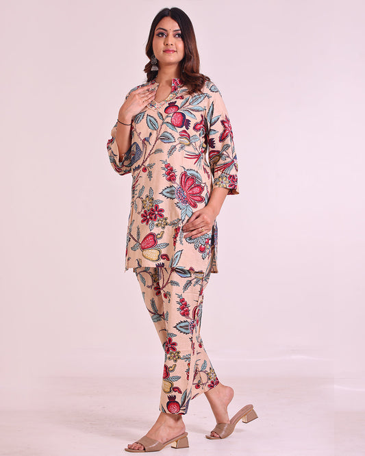 Pure Cotton Beige Floral Print Coord Set with Stylish V-Neck and Pearl & Sequence Work
