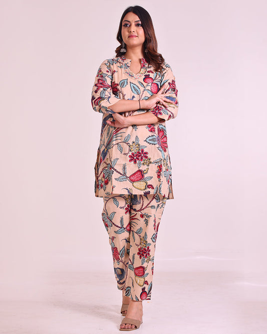 Pure Cotton Beige Floral Print Coord Set with Stylish V-Neck and Pearl & Sequence Work