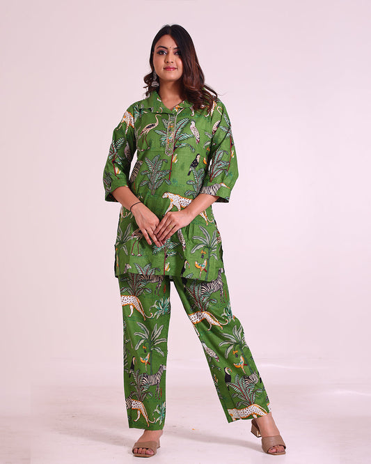 Pure Cotton Dark Green Zoo Printed Coord Set with Sequence Work