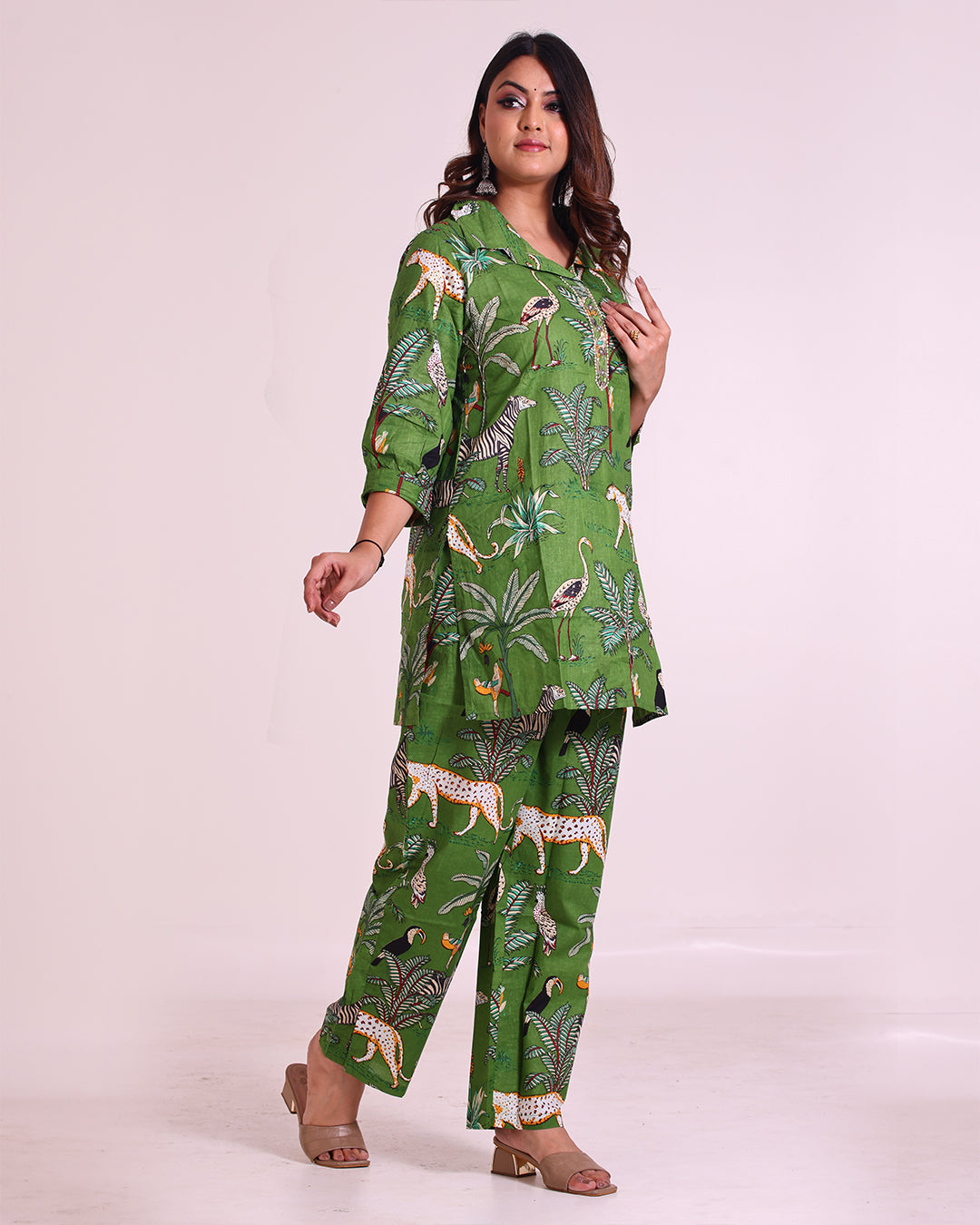 Pure Cotton Dark Green Zoo Printed Coord Set with Sequence Work