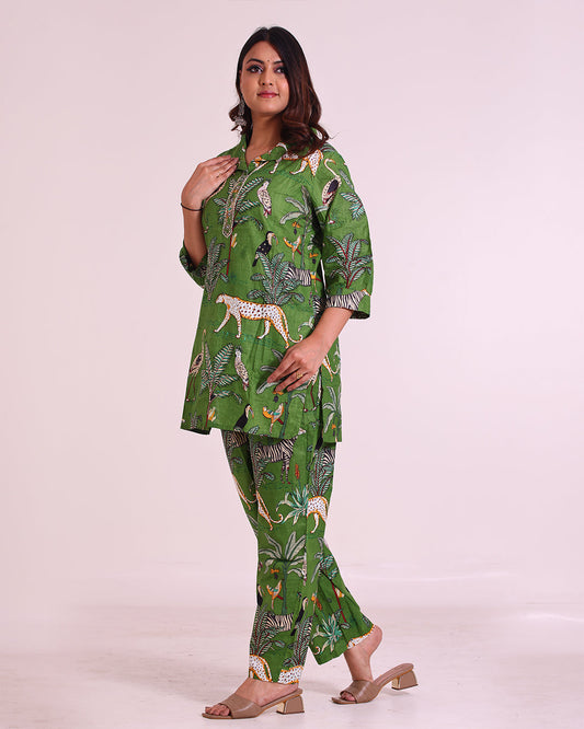 Pure Cotton Dark Green Zoo Printed Coord Set with Sequence Work