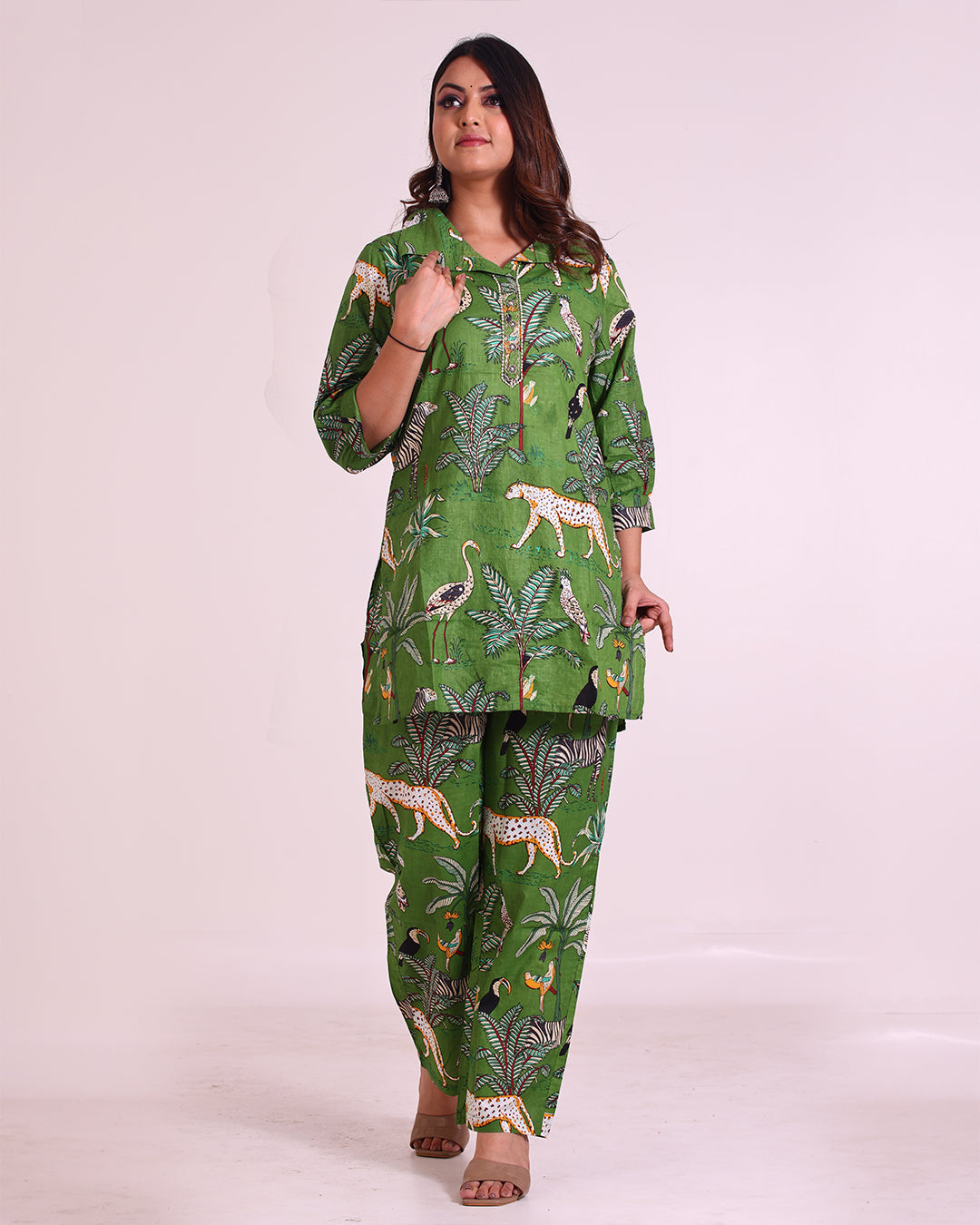 Pure Cotton Dark Green Zoo Printed Coord Set with Sequence Work