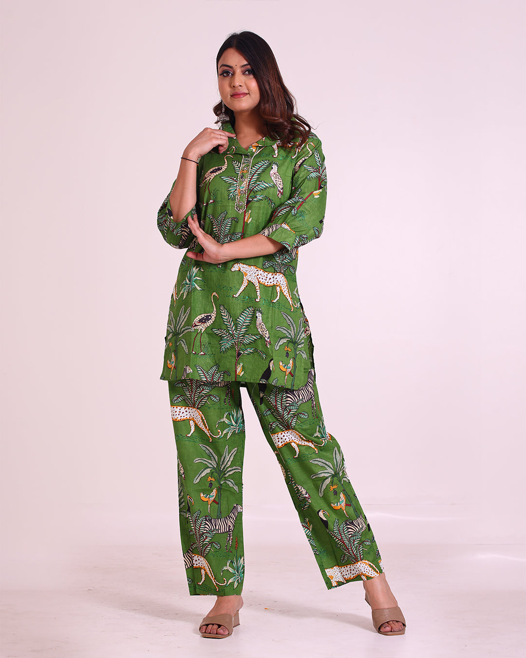 Pure Cotton Dark Green Zoo Printed Coord Set with Sequence Work