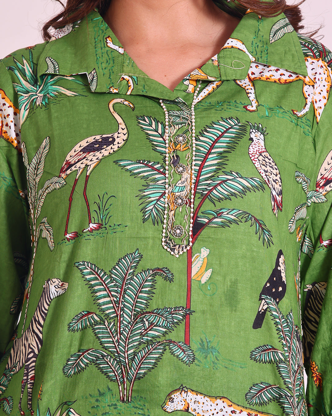 Pure Cotton Dark Green Zoo Printed Coord Set with Sequence Work