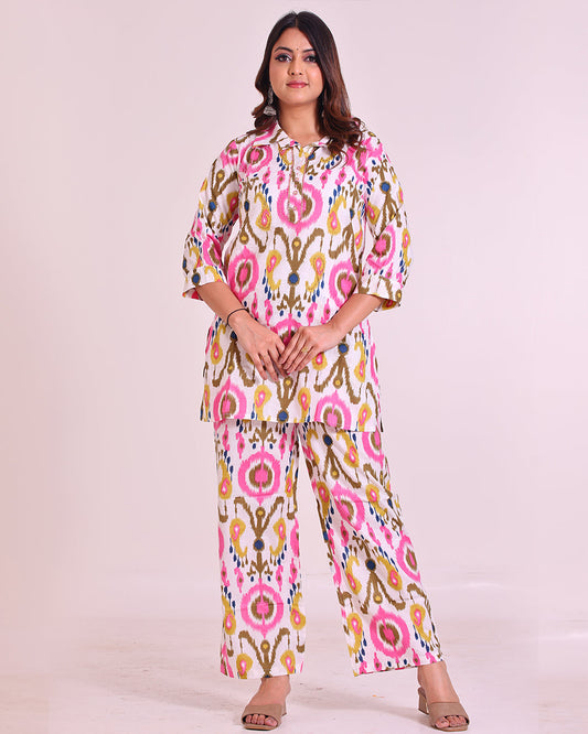 Pure Cotton White-Based Colorful Collar Pattern Coord Set"