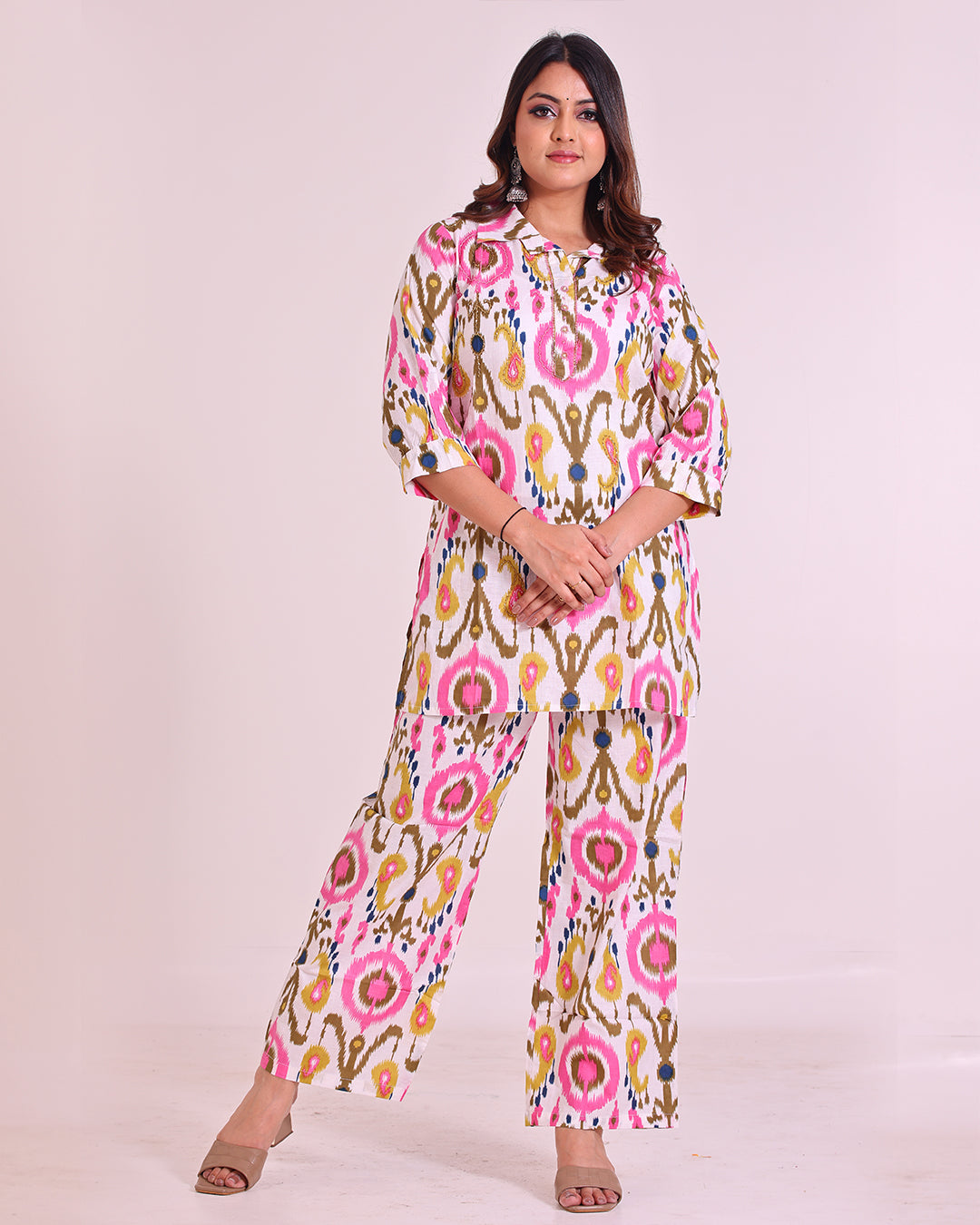 Pure Cotton White-Based Colorful Collar Pattern Coord Set"