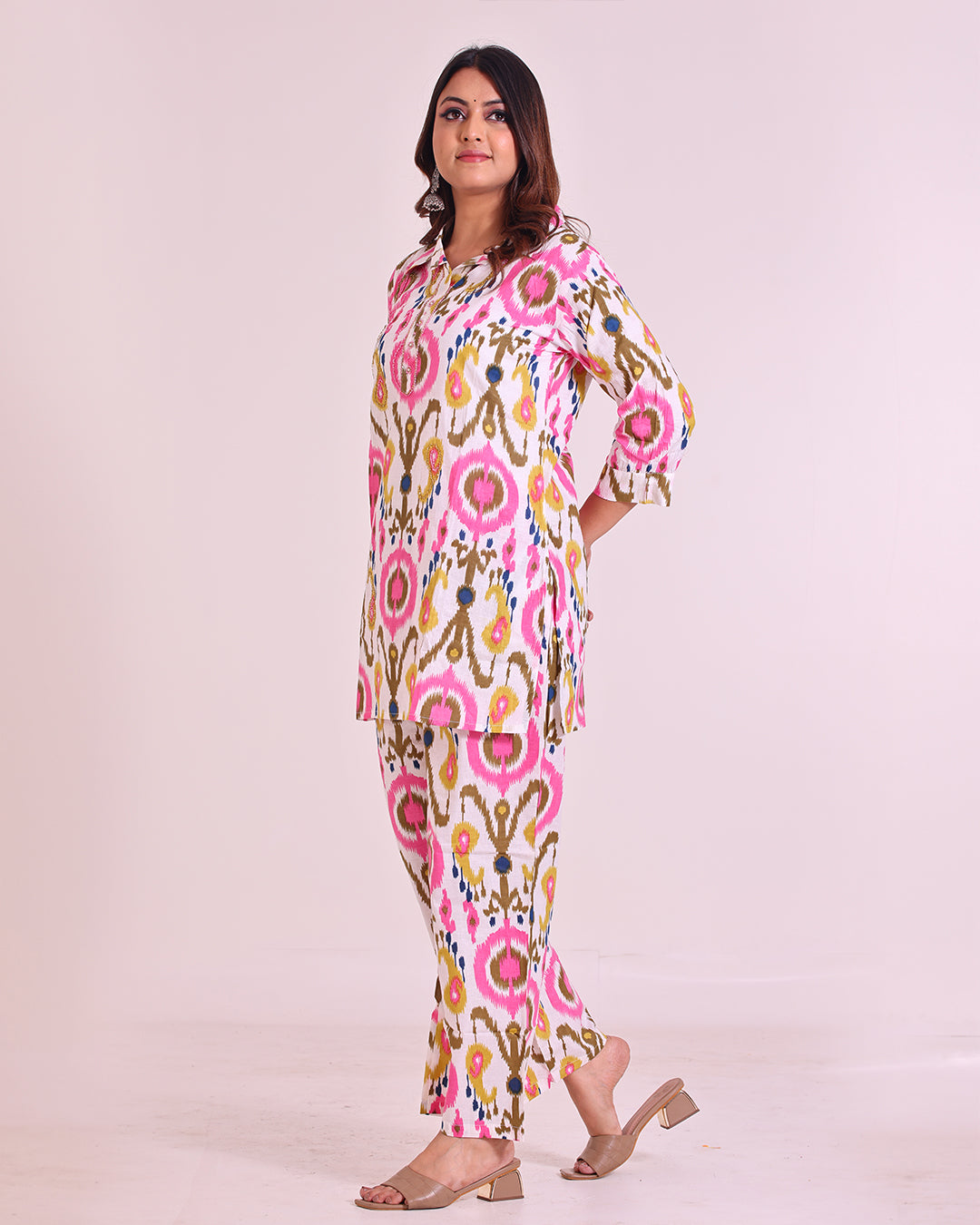 Pure Cotton White-Based Colorful Collar Pattern Coord Set"
