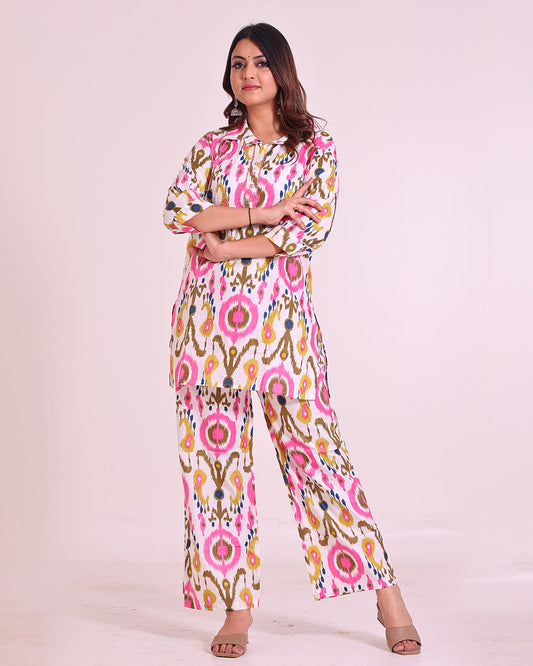 Pure Cotton White-Based Colorful Collar Pattern Coord Set"