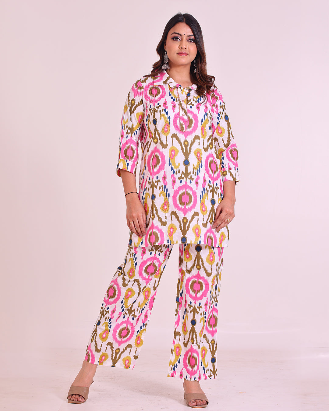 Pure Cotton White-Based Colorful Collar Pattern Coord Set"