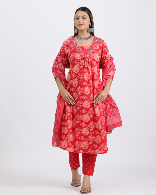 Pure Cotton Red Digital Print Suit with V-Laced Neck and Dupatta