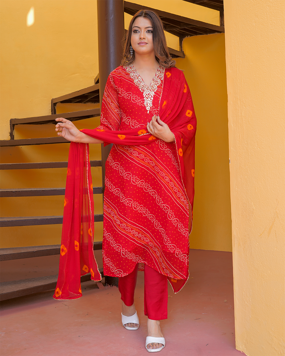 Pure Chiffon Red Bandhej Suit with Bandhani Dupatta and Pant Set in Pure Gotta Patti Work