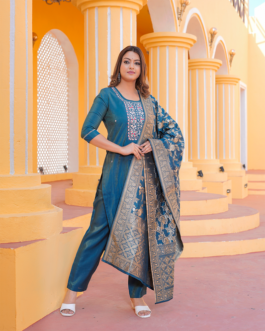Pure Silk Peacock Blue Suit with Heavy Gotta Patti Work and Banarasi Dupatta