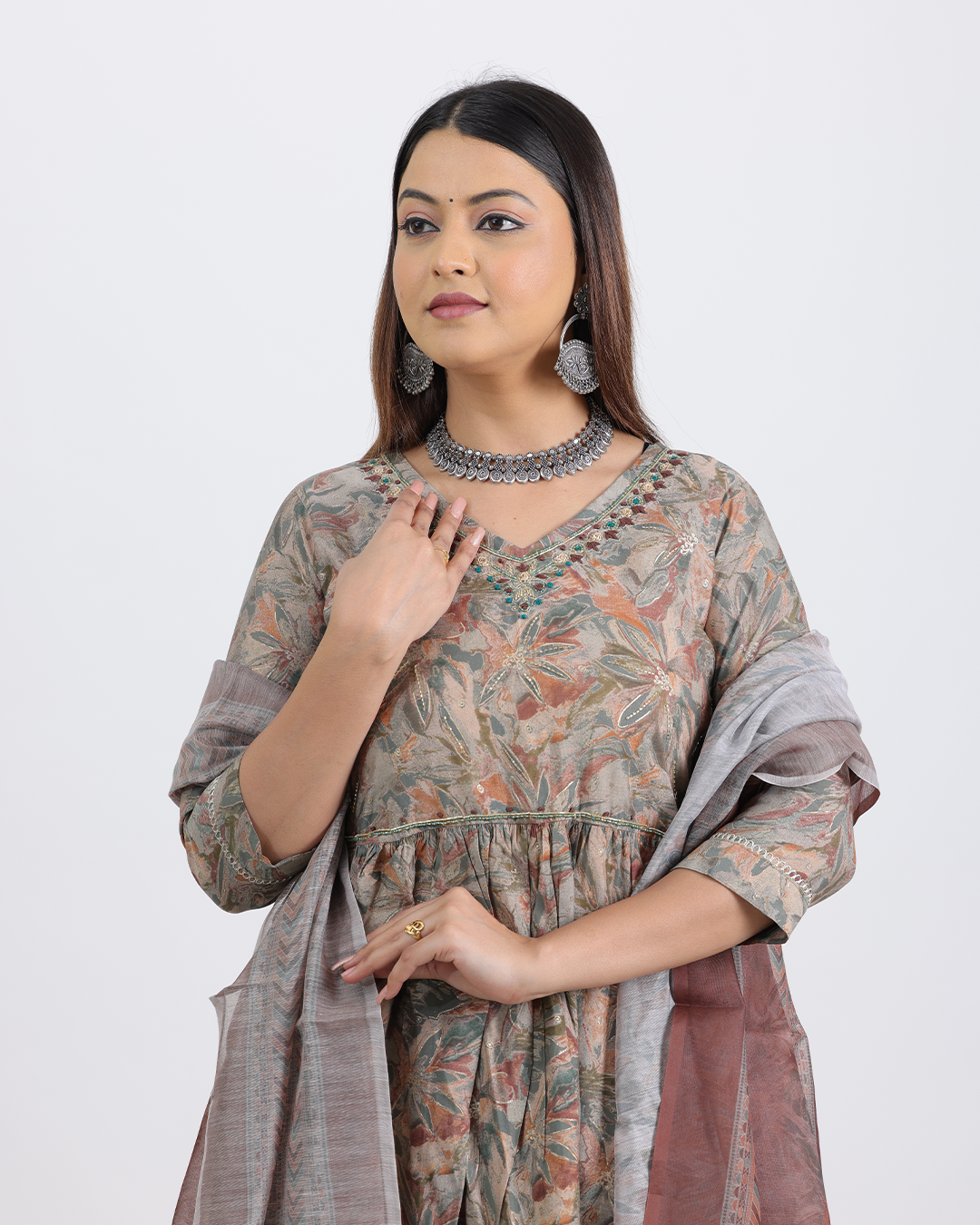 Pure Muslin Silk Brown Frock Suit with Digital Print Dupatta and Sequence Work
