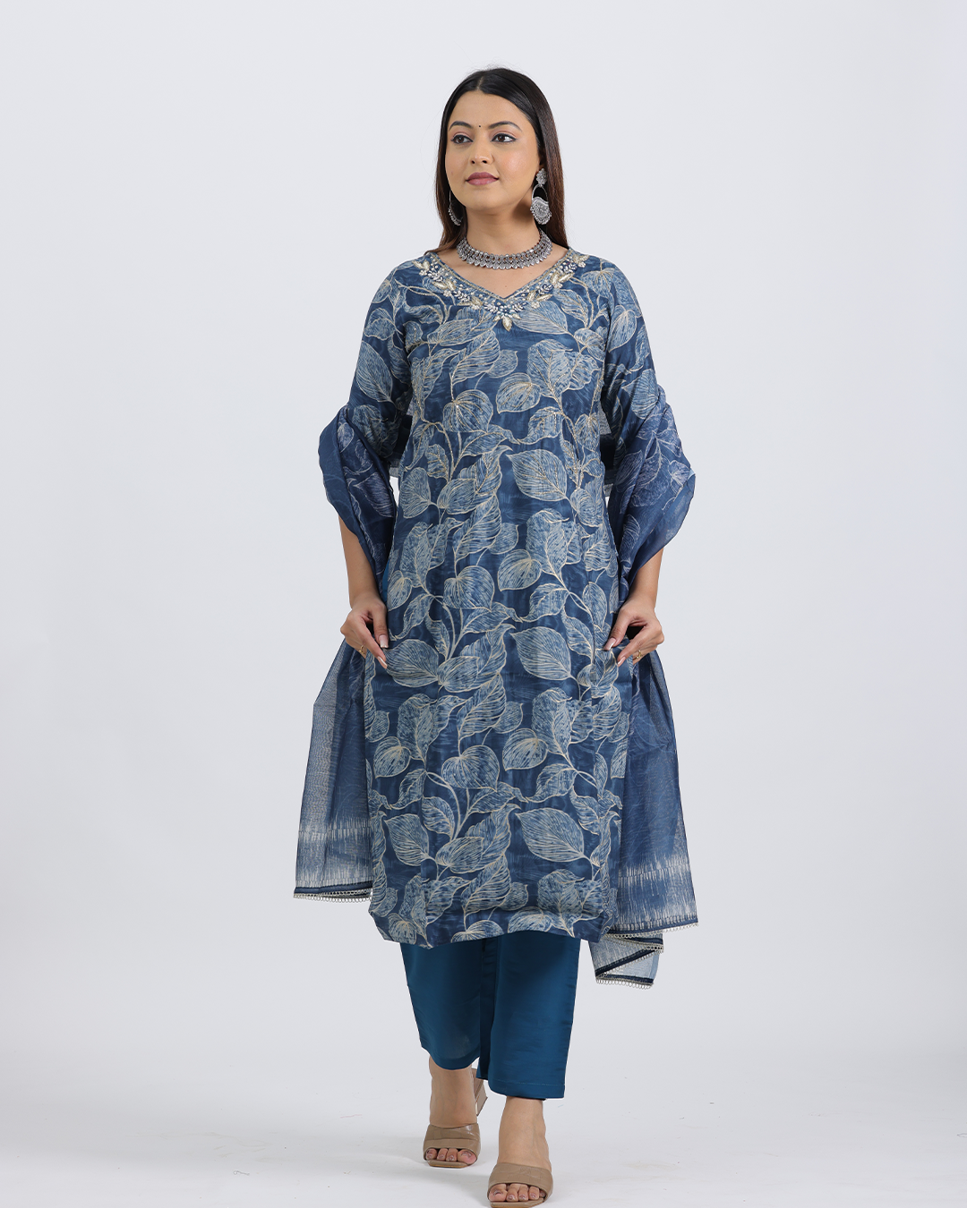 Pure Muslin Silk Royal Blue Suit with Digital Print Dupatta and Sequence Work
