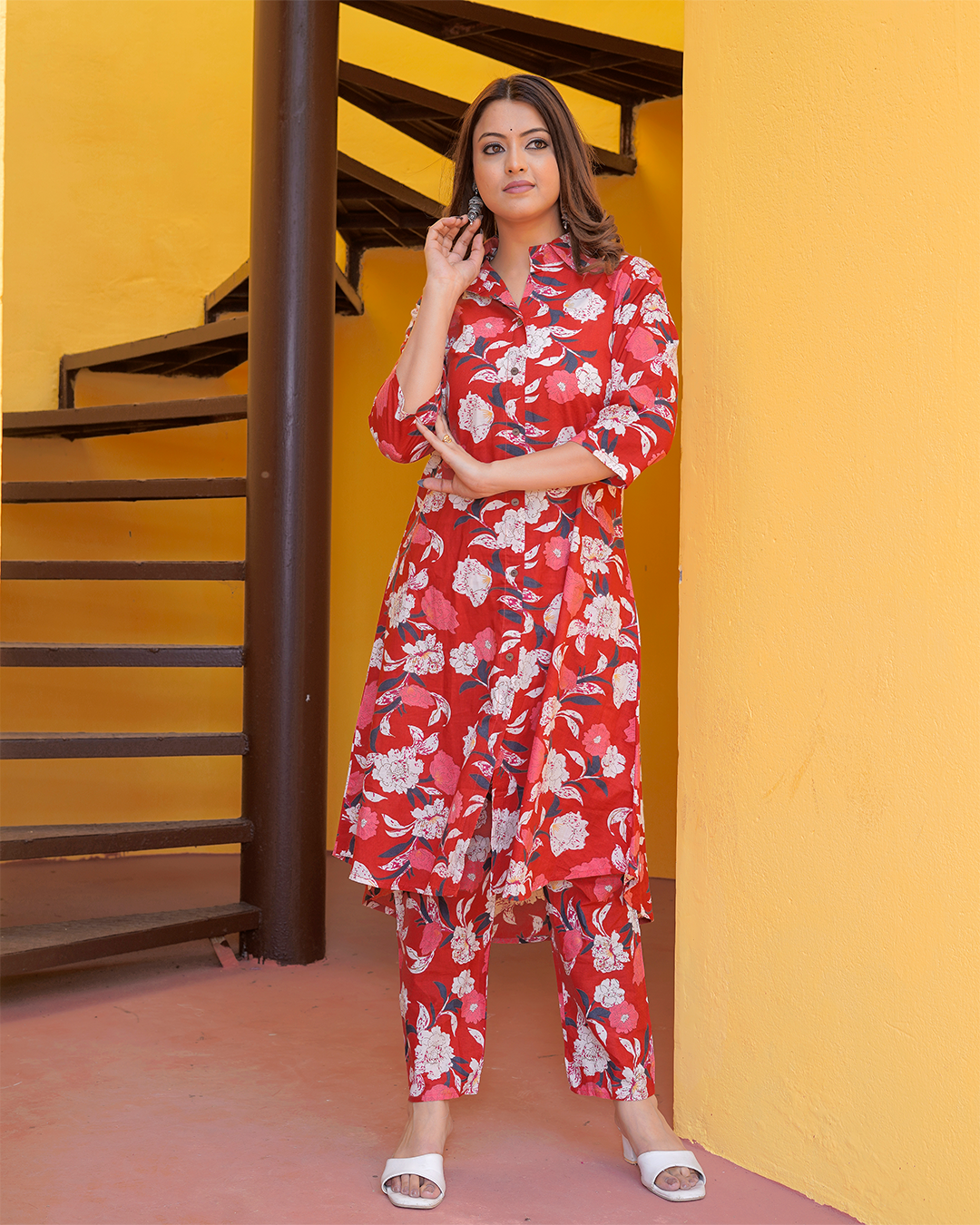 Pure Cotton Red Tunic Kurta Pant Set in Floral Print