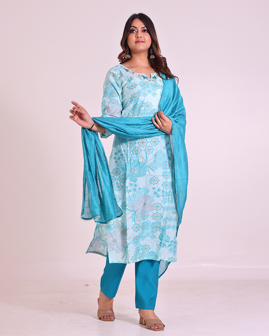 Pure Muslin Silk Sky Blue Dupatta Set with Hand Embroidery