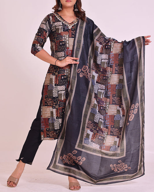 Black Pure Muslin Suit with Digital Print Dupatta and Mirror Work