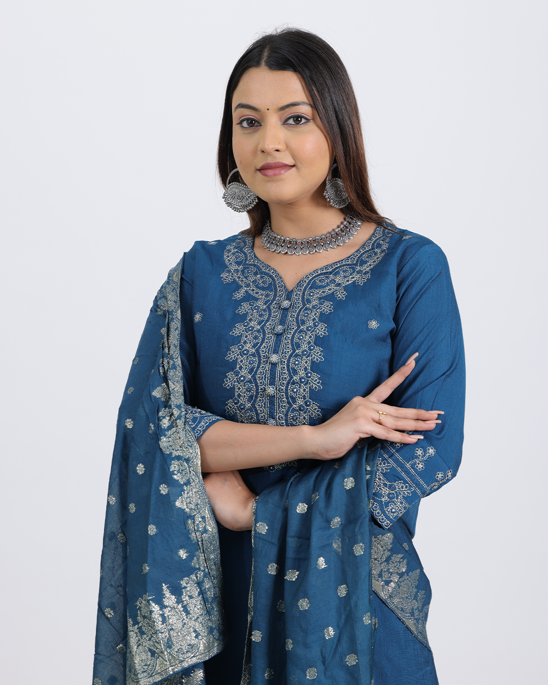 Pure Silk Royal Blue Suit with Chanderi Dupatta and Heavy Thread Work