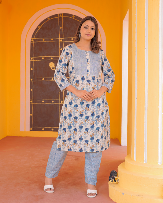 Pure cotton white and sky blue kurta pant set