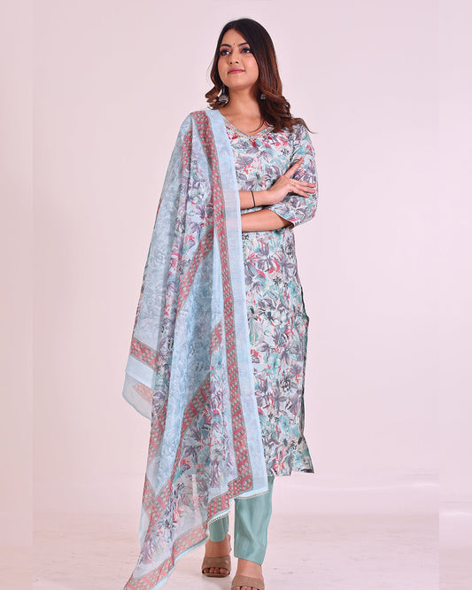 Pure Muslin Silk Suit with Digital Print Dupatta, Sequence, and Zardozi Work in Turquoise Blue