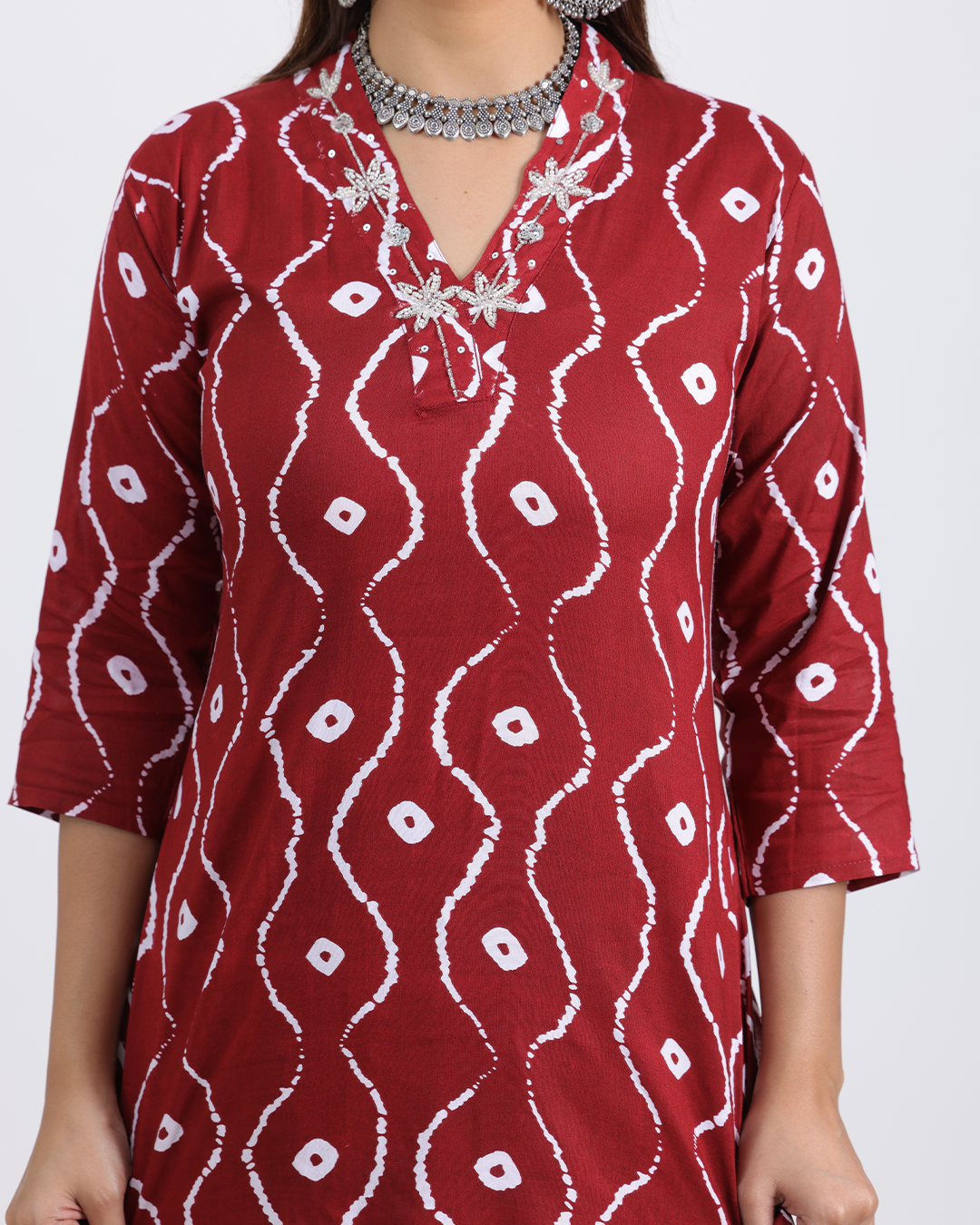 Pure Cotton Maroon Kurta Pant Set with Sequence Work and V-Neckline