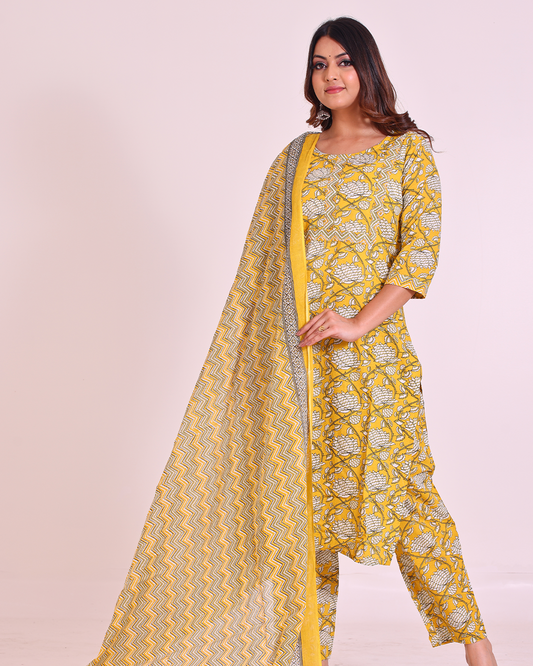 Pure Cotton Round Neck Yellow Digital Print Dupatta Set