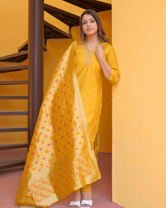 Pure Banarasi Silk Yellow Dupatta Pant Set