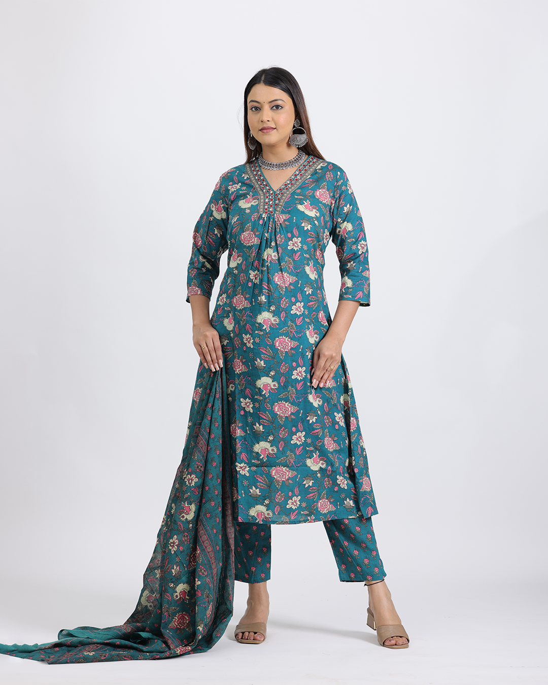 Pure Cotton Firoza Color Digital Print Dupatta Set with Laced Neck