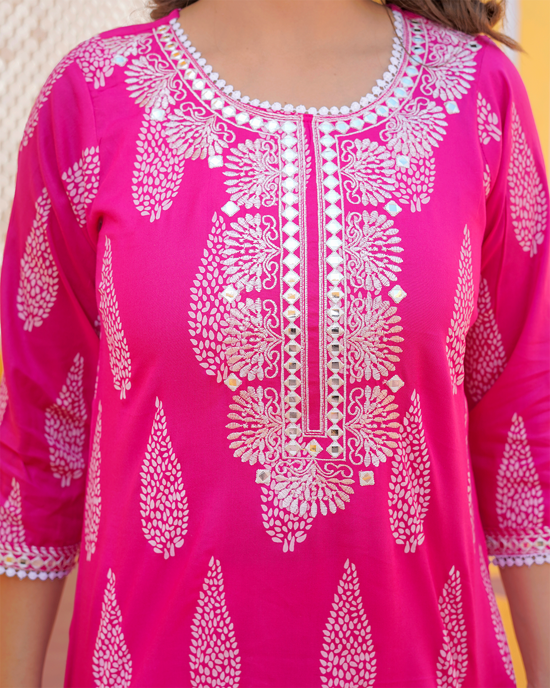 Pure Cotton Pink Suit in Bangru Print with Thread and Mirror Work