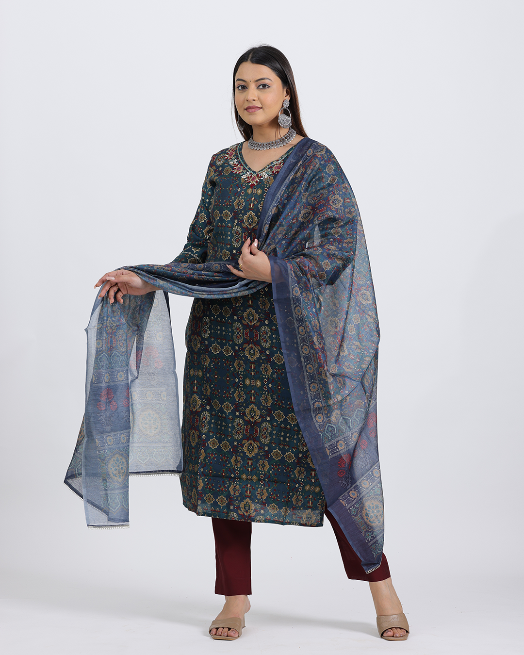 Pure Muslin Silk Dark Green and Maroon Suit with Digital Print Dupatta and Heavy Sequence Work