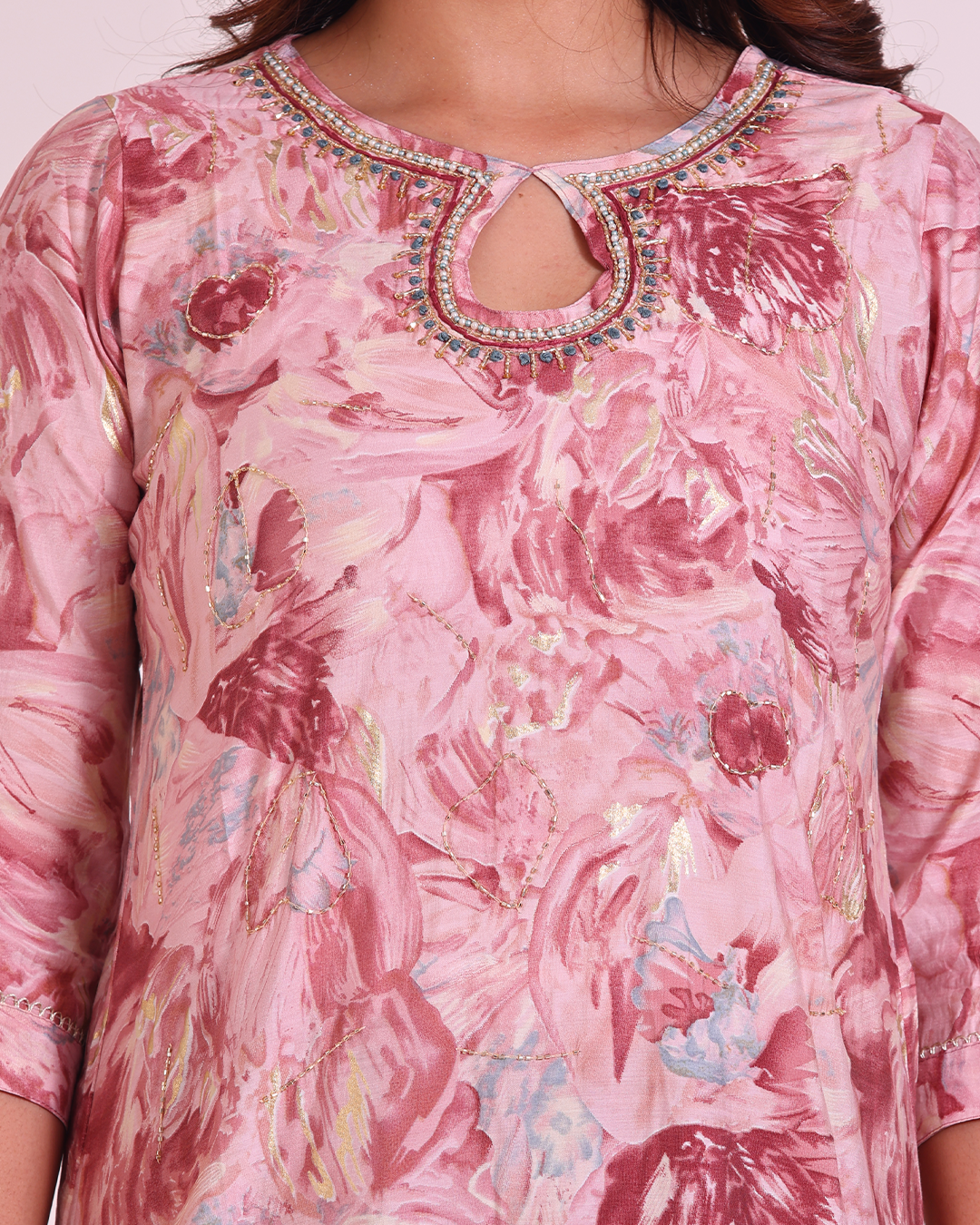Peach and Maroon Pure Muslin Silk Suit with Silk Dupatta and Stylish Handworked Neck